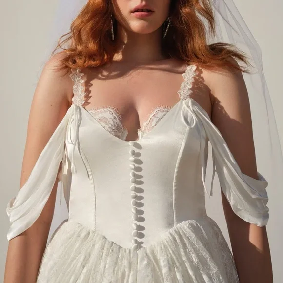 For Love & Lemons Vera Satin Lace Bustier Bridal Gown XS S NWT Crisp White
